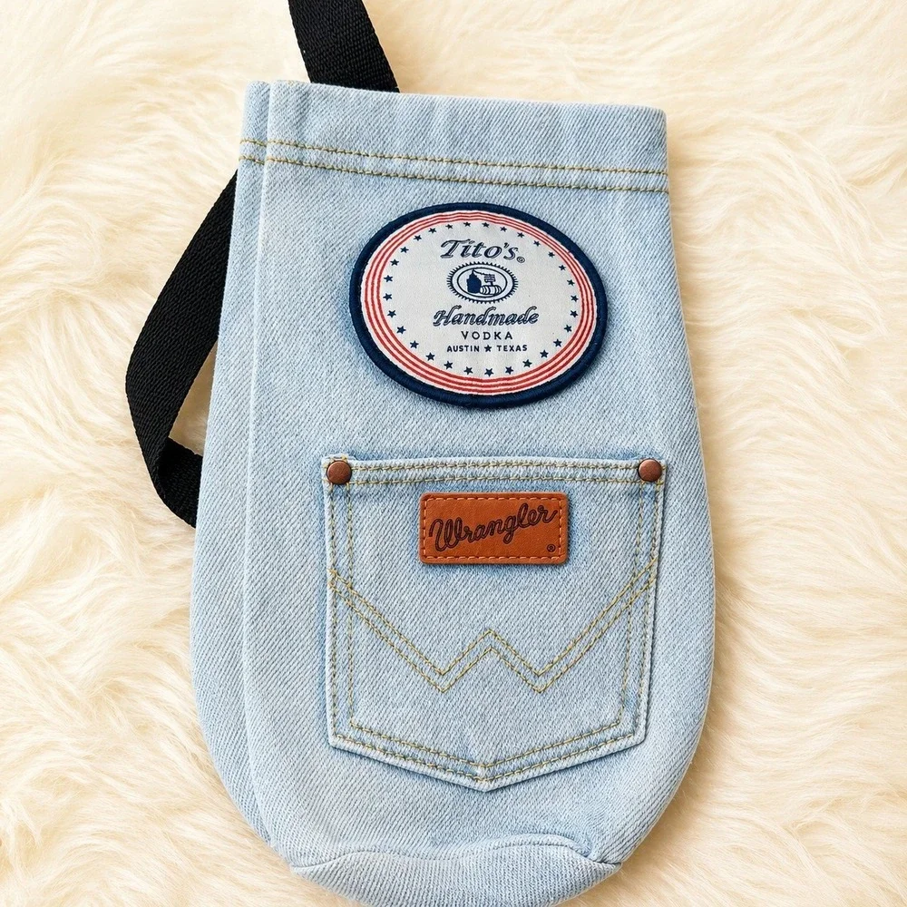 Wrangler Tito's Denim Bottle Sling Bag Blue Crossbody Western Travel Holder Gear